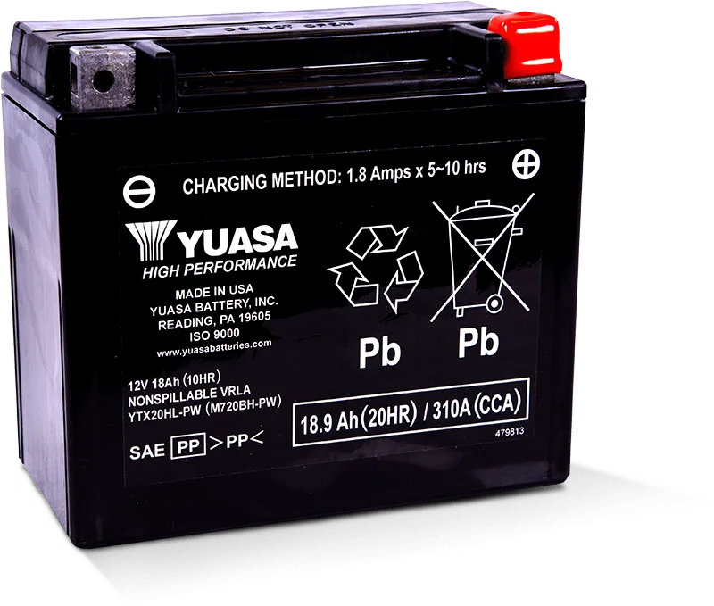 Yuasa YTX20HL-PW Maintenance Free AGM 12-Volt Battery - Side View