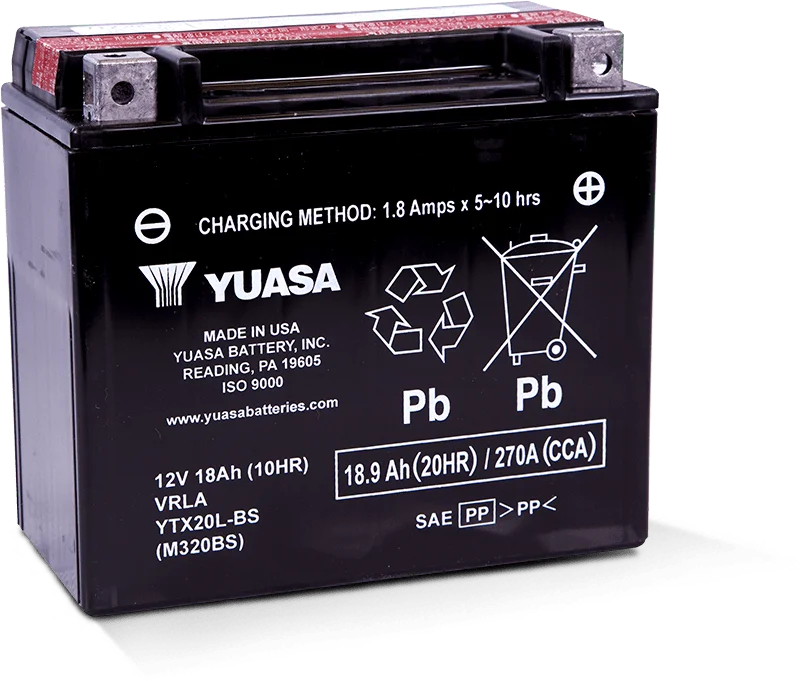 Yuasa YTX20L-BS Maintenance Free AGM 12-Volt Battery w/Bottle - Side View