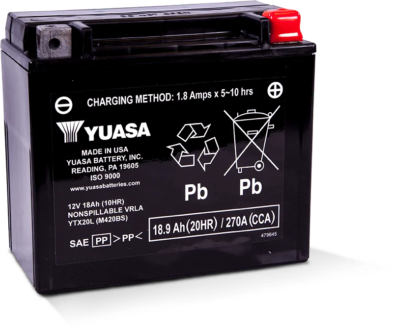 Yuasa YTX20L Maintenance Free AGM 12-Volt Battery - Side View