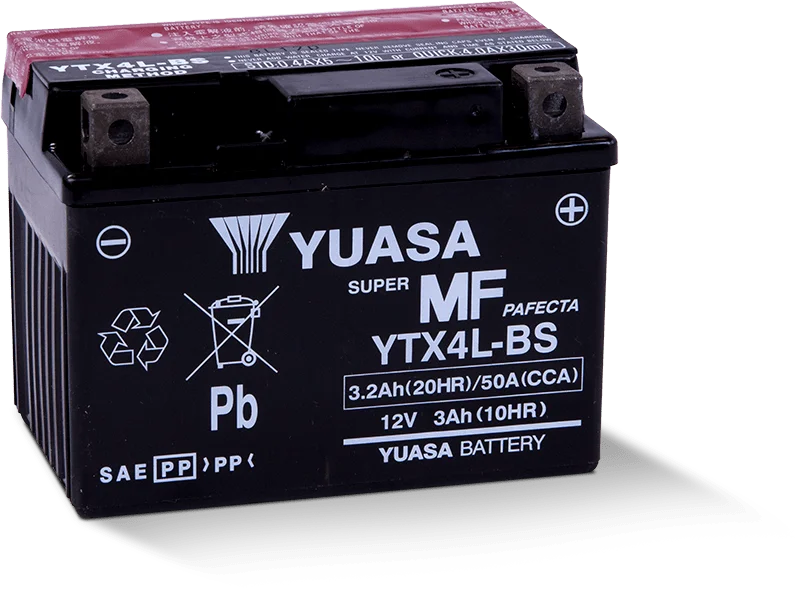 Yuasa YTX4L-BS Maintenance Free AGM 12-Volt Battery w/Bottle - Side View