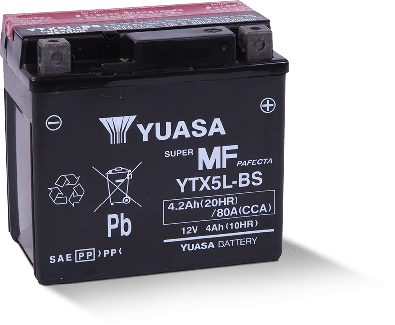 Yuasa YTX5L-BS Maintenance Free AGM 12-Volt Battery w/Bottle - Side View
