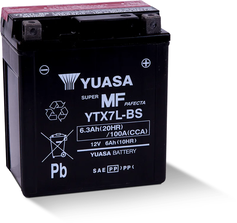 Yuasa YTX7L-BS Maintenance Free AGM 12-Volt Battery w/Bottle - Side View