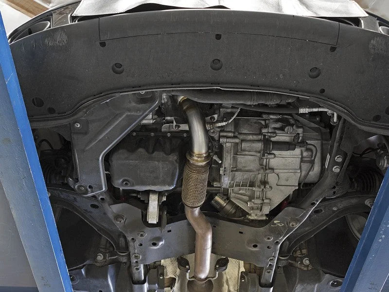aFe 09-13 MINI Cooper S (R56) L4 1.6L (t) Twisted Steel Down Pipe 2-1/2in 304 Stainless Steel w/ Cat - Side View