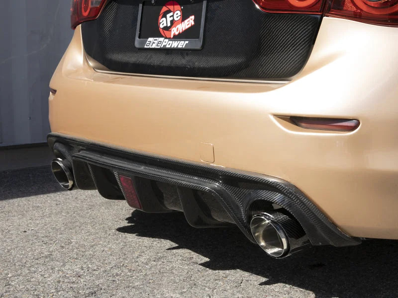 aFe 14-15 Infiniti Q50 (V37) V6 3.7L Takeda 2-1/2in SS Cat-Back Exhaust System w/ Carbon Fiber Tips - Side View