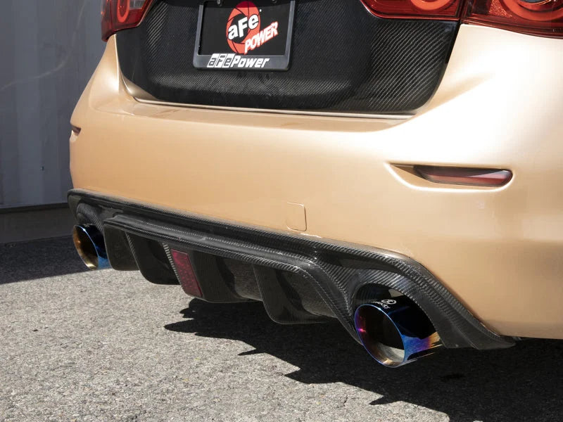 aFe 14-15 Infiniti Q50 V6 3.7L Takeda 2-1/2in 304 SS Cat-Back Exhaust System w/ Blue Flame Tips - Side View