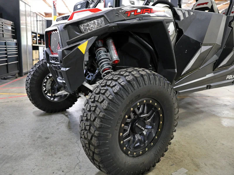aFe 14-16 Polaris RZR 925/1000cc Sway-A-Way 2.5 Front Coilover Kit w/ PB Reservoirs and Comp Adj - Back View