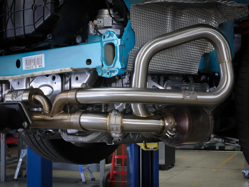 aFe 14-19 Porsche 911 H6-3.8/4.0L GT3 MACH Force-Xp 304 Stainless Steel Primary Muffler Delete Pipe - Side View