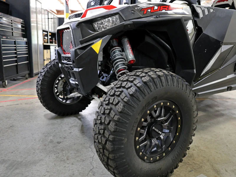 aFe 17-19 Polaris RZR 925/1000cc Sway-A-Way 2.5 Front Coilover Kit w/ PB Reservoirs and Comp Adj - Back View