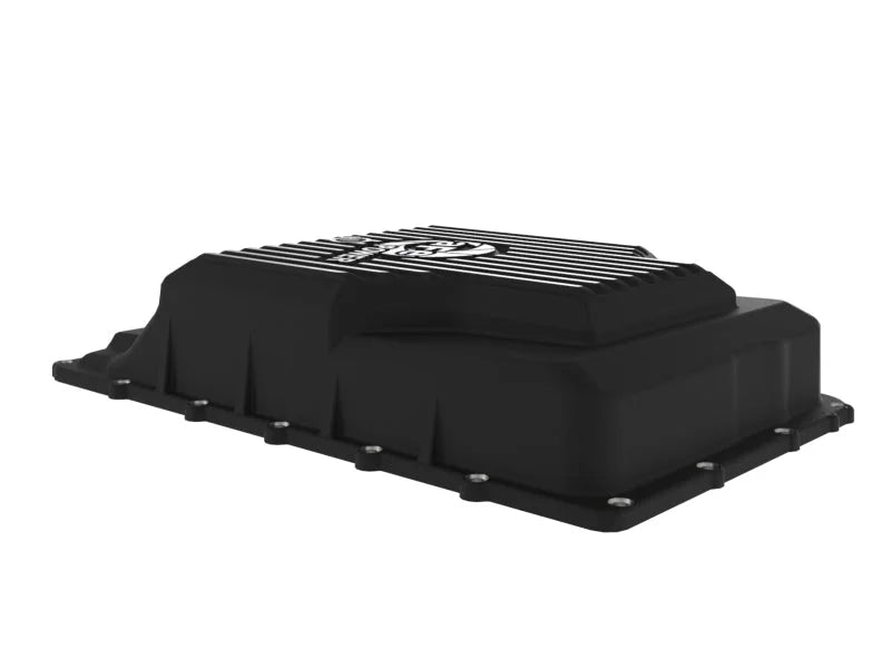 aFe 17-24 Ford F-150 10R60/10R80 Pro Series Rear Transmission Pan Black w/ Machined Fins - Back View