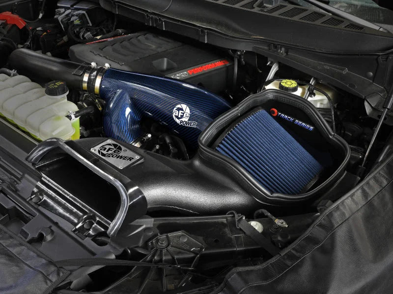 aFe 17-24 Ford F-150 Track Series Blue Kevlar Carbon Fiber C/A Intake System w/Black Pro 5R Filter - Side View