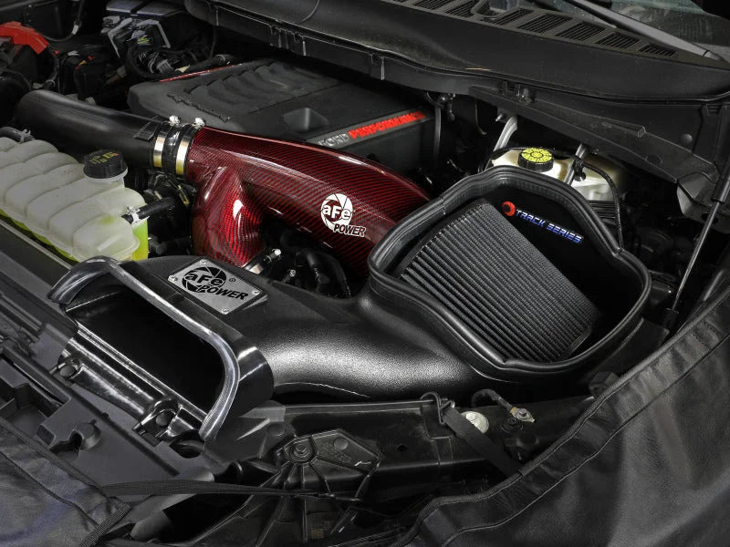 aFe 17-24 Ford F-150 Track Series Red Kevlar Carbon Fiber C/A Intake System w/Black Pro 5R Filter - Side View