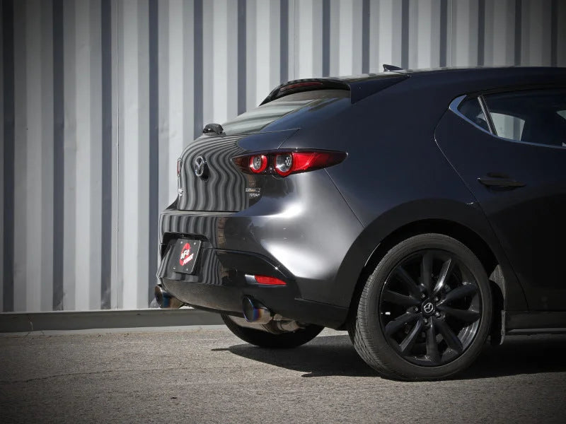 aFe 19-22 Mazda 3 L4 2.5L Takeda 3in to 2-1/2in 304 SS Axle-Back Exhaust w/ Blue Flame Tip - Side View