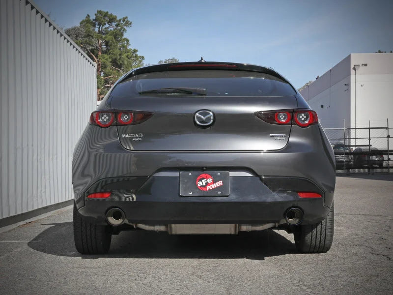 aFe 19-22 Mazda 3 L4 2.5L Takeda 3in to 2-1/2in 304 SS Axle-Back Exhaust w/ Blue Flame Tip - Back View
