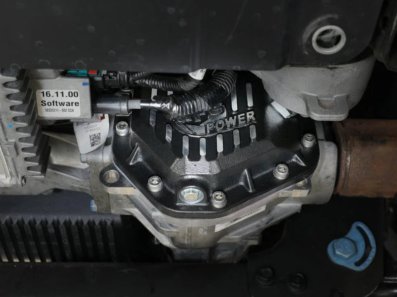 aFe 19-25 GM Trucks Front Diff Cover - Black w/ Machined Fins - Installation View