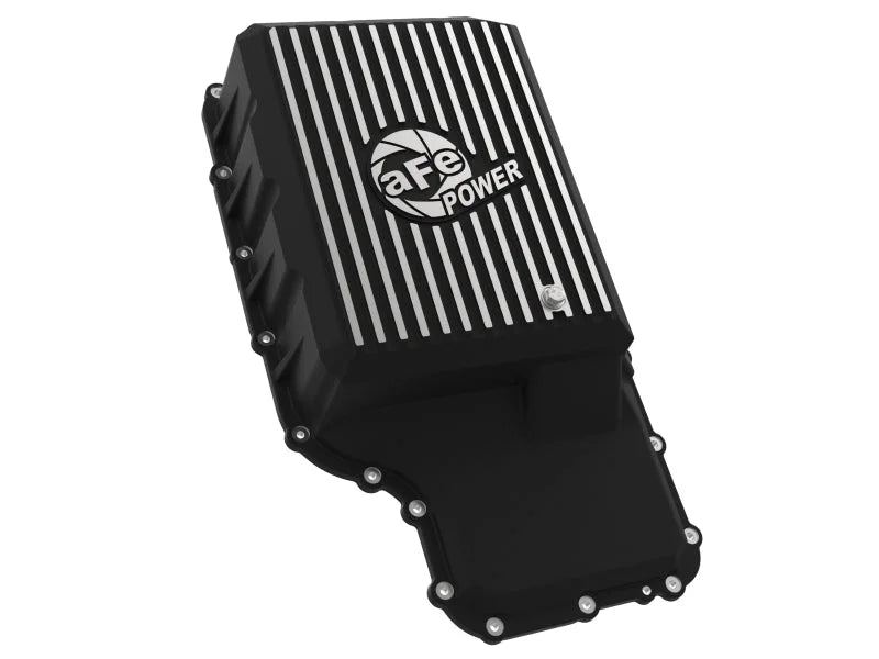 aFe 20-21 Ford Truck w/ 10R140 Transmission Pan Black POWER Street Series w/ Machined Fins - Side View