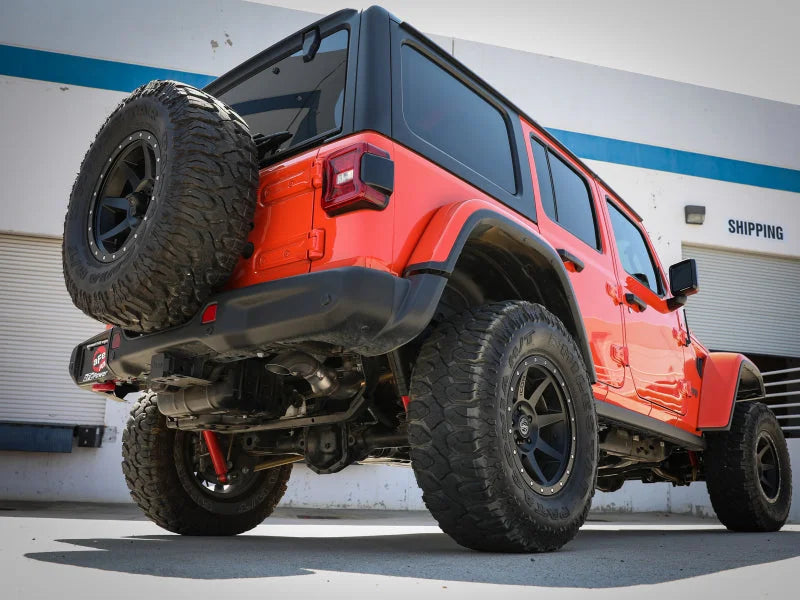 aFe 20-21 Jeep Wrangler (JL) Large Bore-HD 3 IN 304 Stainless Steel DPF-Back Hi-Tuck Exhaust System - Back View