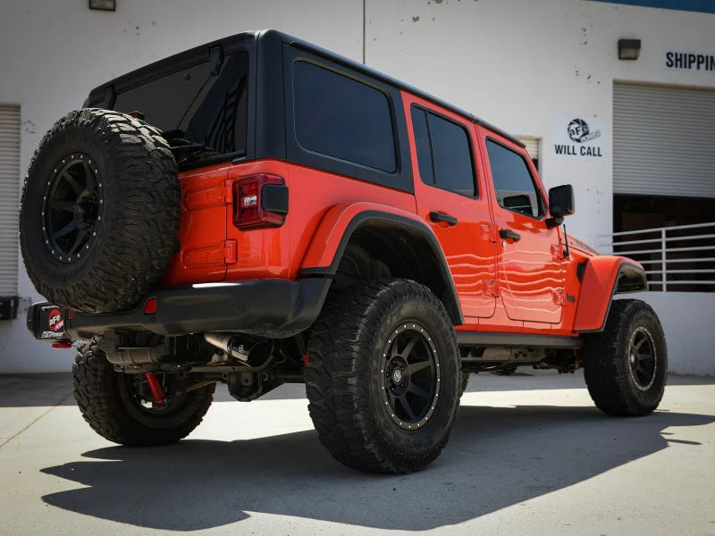 aFe 20-21 Jeep Wrangler Large Bore-HD 3in 304 Stainless Steel DPF-Back Exhaust System - Black Tip - Back View