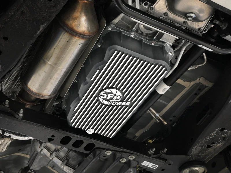 aFe 20-26 GM Trucks L6 3.0L Transmission Pan - Black w/ Machined Fins - Installation View