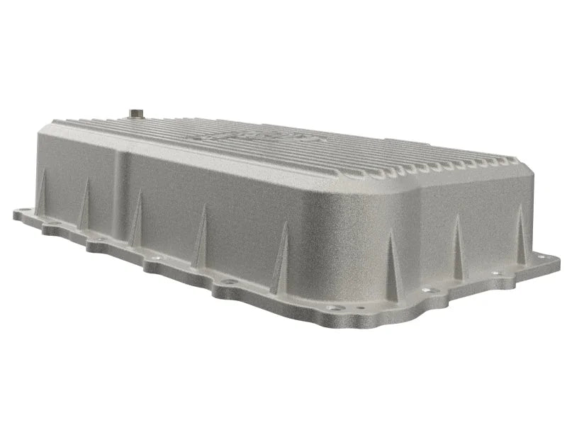 aFe 20-26 GM Trucks L6 3.0L Transmission Pan - Raw / Machined Fins - Side View