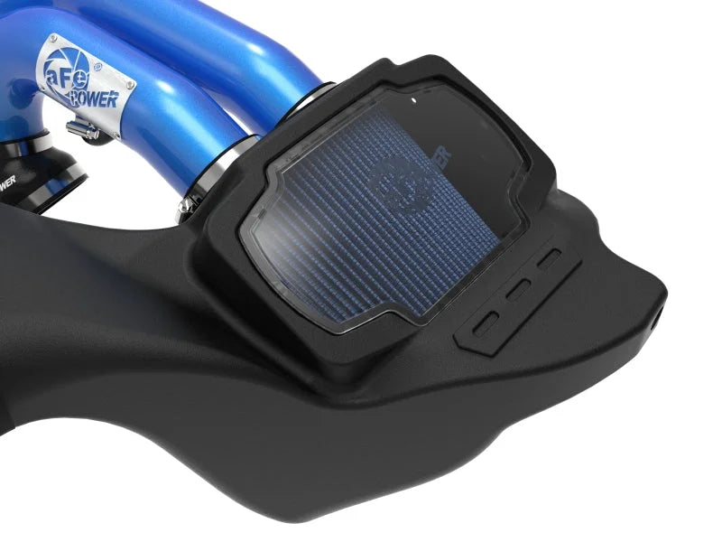 aFe 21-22 Ford F-150 Raptor V6-3.5L(tt) Momentum XP Cold Air Intake System - Blue w/ Pro 5R Filter - Back View