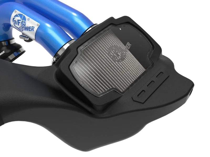 aFe 21-22 Ford F-150 Raptor V6-3.5L(tt) Momentum XP Cold Air Intake System Blue w/ Pro Dry S Filter - Back View