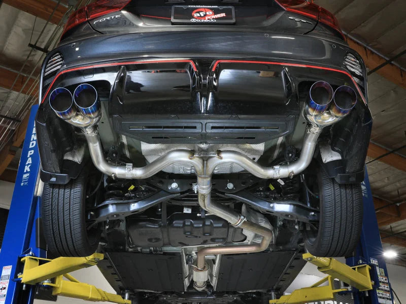 aFe 22-24 Kia Forte GT 1.6L 3in-2.5in 304 Stainless Steel Axle-Back Exhaust w/ Blue Flame Tips - Back View