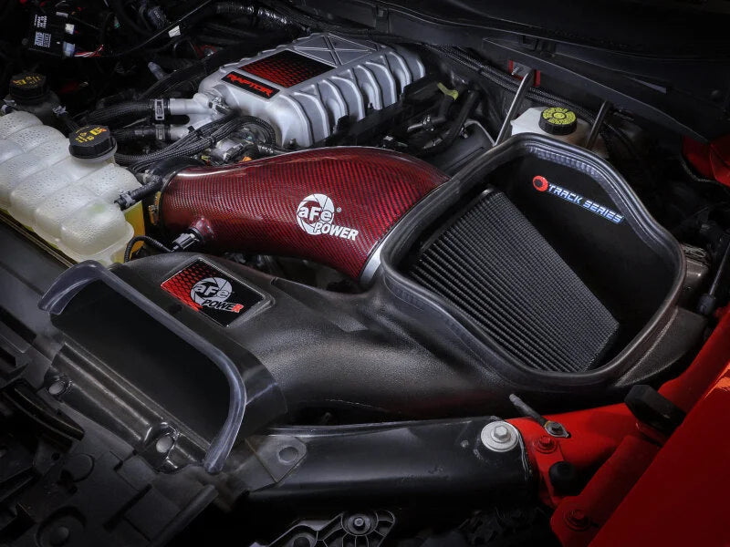 aFe 23-24 Ford F150 Raptor R Supercharged Red Carbon Track Series Air Intake w/ P5R Filter (MOQ 24) - Side View
