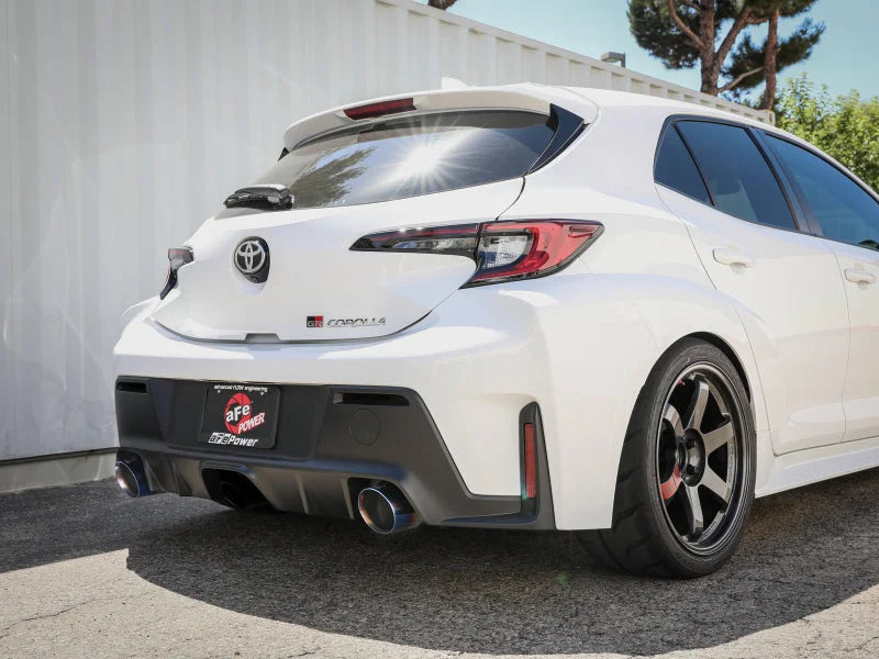aFe 23-24 Toyota GR Corolla L3 1.6L (t) Gemini XV 3in to 2-1/2in Cat Back Exhaust w/ Blue Flame Tips - Side View