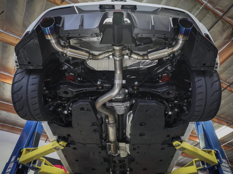 aFe 23-24 Toyota GR Corolla L3 1.6L (t) Gemini XV 3in to 2-1/2in CatBack Exhaust w/Carbon Fiber Tips - Side View