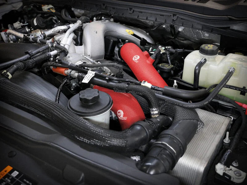 aFe 23-25 Ford F250/F350 Super Duty V8-6.7L BladeRunner Aluminum Hot & Cold Charge Pipe Kit - Red - Side View