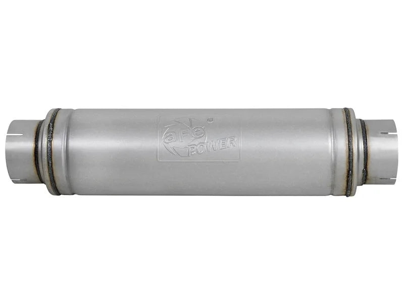 aFe ATLAS Aluminized Steel Muffler 5in Center/Center 24in L x 7in Diameter - Round Body - Side View