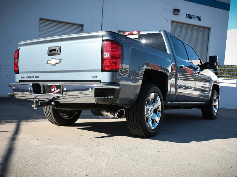 aFe Apollo GT Series 4in 409SS Cat Back Exh System Polished Tip 14-18GM Silverado 1500 V8-6.2L - Side View