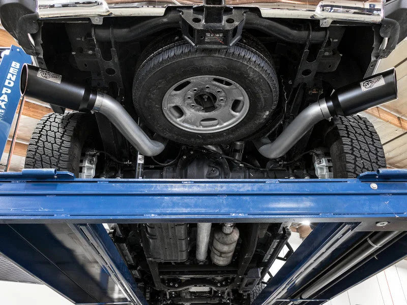aFe Atlas Exhaust 4in Dual DPF-Back Al Steel w/ Black Tips 16-17 GM Diesel Truck V8-6.6L (td) LML - Side View