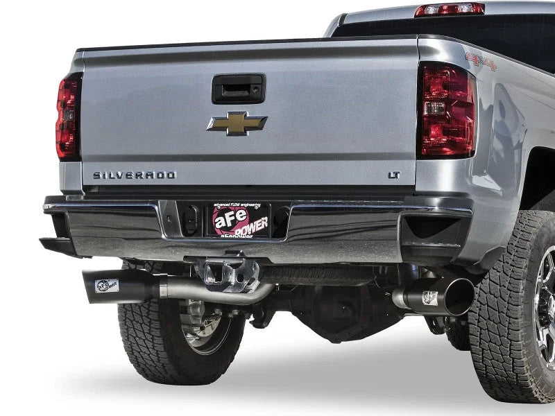aFe Atlas Exhaust 4in Dual DPF-Back Al Steel w/ Black Tips 16-17 GM Diesel Truck V8-6.6L (td) LML - Back View