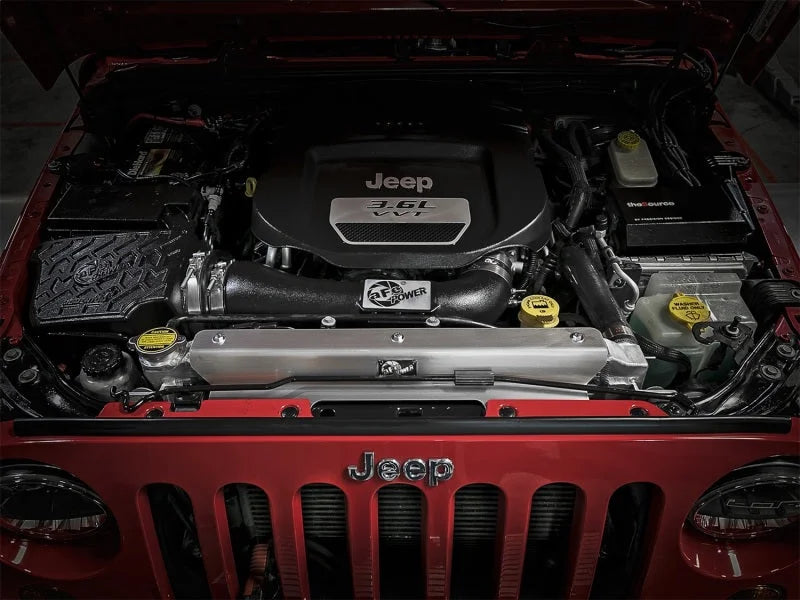 aFe BladeRunner GT Series Bar and Plate Radiator w/ Black Hoses 12-18 Jeep Wrangler (JK) V6 3.6L - Side View