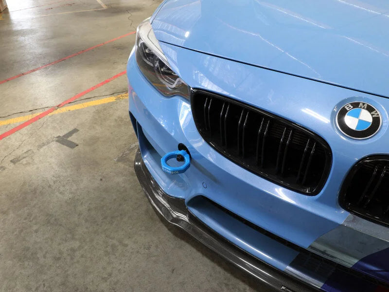 aFe Control Front Tow Hook Blue BMW F-Chassis 2/3/4/M - Side View