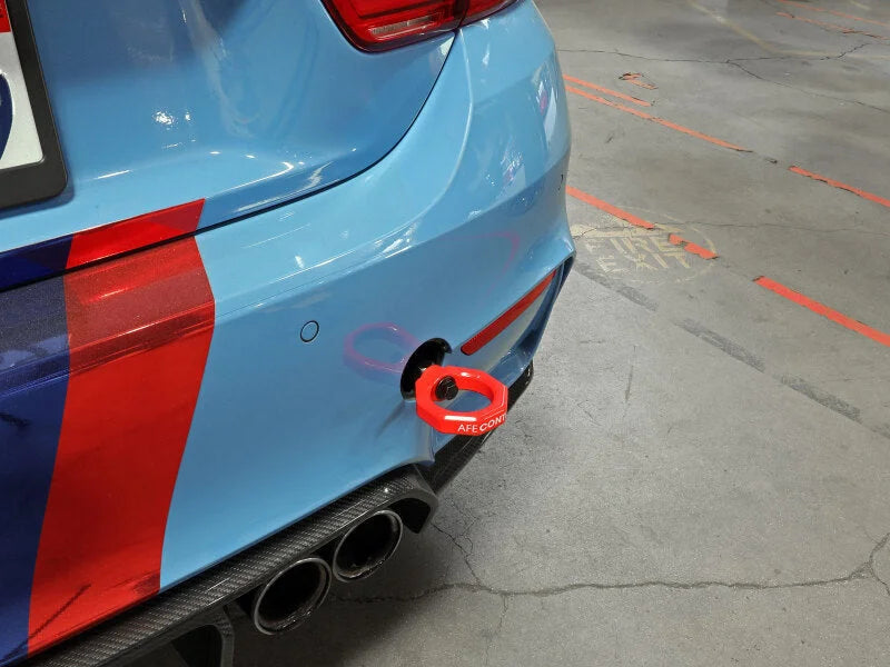 aFe Control Rear Tow Hook Red BMW F-Chassis 2/3/4/M - Side View