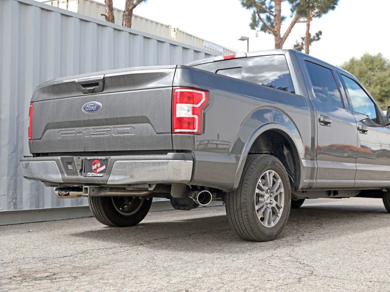 aFe Gemini XV 3in 304 SS Cat-Back Exhaust 15-20 Ford F-150 V6 2.7L/3.5 w/ Polished Tips - Side View