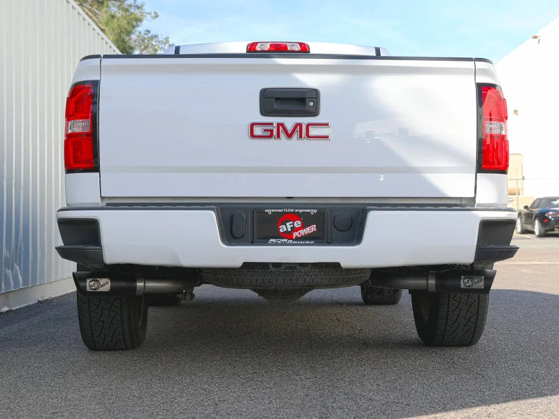 aFe Gemini XV 3in 304 SS Cat-Back Exhaust w/ Cutout 09-18 GM Trucks 4.3L/4.8L/5.3L w/ Black Tips - Back View