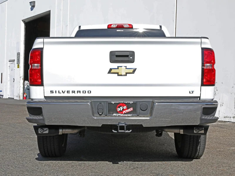 aFe Gemini XV 3in 304 SS Cat-Back Exhaust w/ Cutout 14-19 GM Trucks 4.3L/5.3L w/ Black Tips - Back View