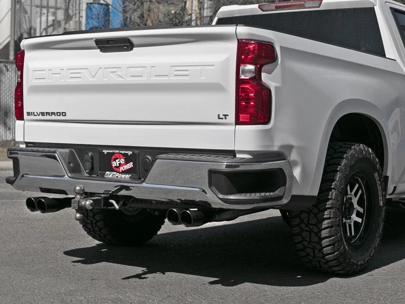 aFe Gemini XV 3in 304 SS Cat-Back Exhaust w/ Cutout 19-21 GM Silverado/Sierra 1500 V8- w/ Black Tips - Back View
