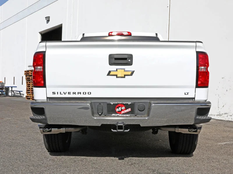aFe Gemini XV 3in 304SS CB Exhaust w/ Cutout 14-19 GM Trucks 4.3/5.3L w/ Pol Tips - CrewCab/Extended - Back View
