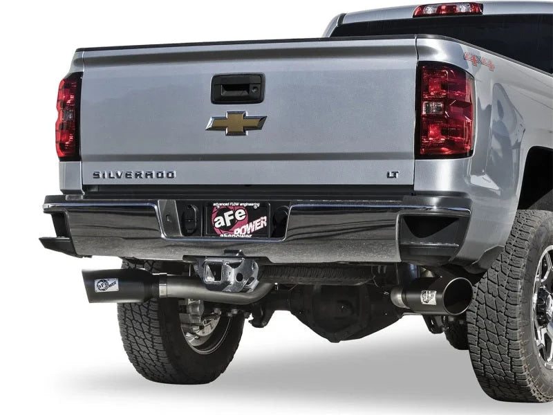 aFe LARGE Bore HD 4in Dual DPF-Back SS Exhaust w/Black Tip 16-17 GM Diesel Truck V8-6.6L (td) LML - Side View