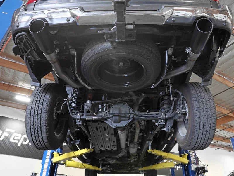 aFe Large Bore-HD 3 IN 409 Stainless Steel DPF-Back Exhaust System w/Black Tip RAM 1500 20-21 V6-3.0 - Back View