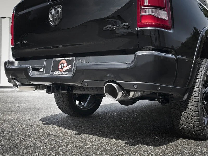aFe Large Bore-HD 3in 409SS DPF-Back Exhaust System w/ Polished Tip RAM 1500 20-21 V6-3.0 - Back View