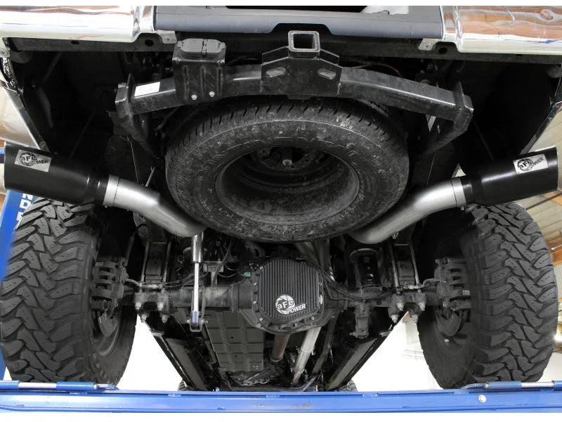 aFe Large Bore-HD 4in 409 Stainless Steel DPF-Back Exhaust w/Black Tip 15-16 Ford Diesel V8 Trucks - Side View