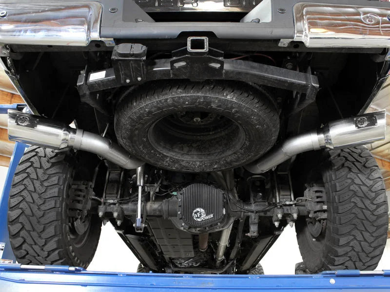 aFe Large Bore-HD 4in 409 Stainless Steel DPF-Back Exhaust w/Polished Tips 15-16 Ford Diesel Truck - Side View