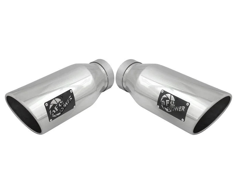aFe Large Bore-HD 4in 409 Stainless Steel DPF-Back Exhaust w/Polished Tips 15-16 Ford Diesel Truck - Back View