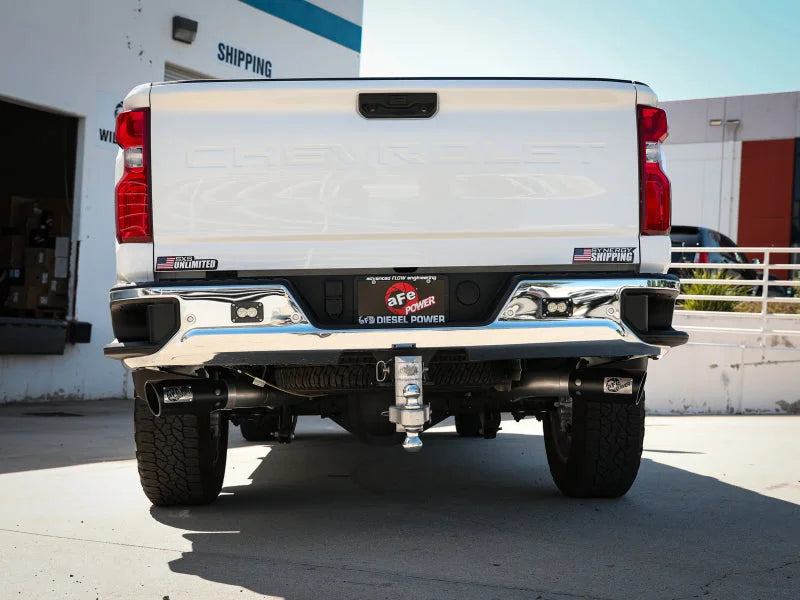 aFe Large Bore-HD 4in 409SS DPF-Back Exhaust System w/Black Tip 20 GM Diesel Trucks V8-6.6L (td) L5P - Side View