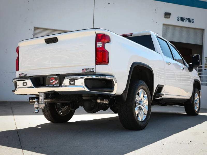 aFe Large Bore-HD 4in 409SS DPF-Back Exhaust System w/Black Tip 20 GM Diesel Trucks V8-6.6L (td) L5P - Back View